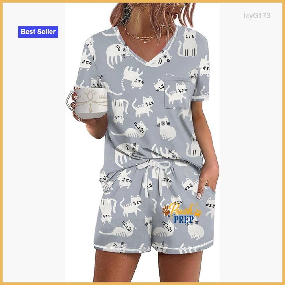 Large Polyester Blend Pajama Set With Pockets, V-… - image 1